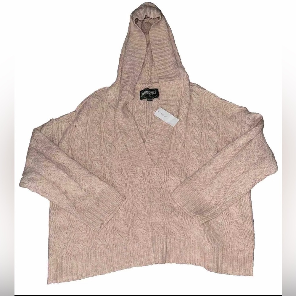 Americn Eagle Sweater Women’s M Pink Chunky Cable Knit Hoodie Oversize Cropped